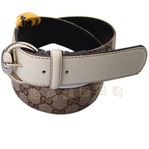 162942 經典款Gucci時尚帆布女士皮帶 Gucci皮帶 古奇女款皮帶 Gucci腰帶 杏配白色