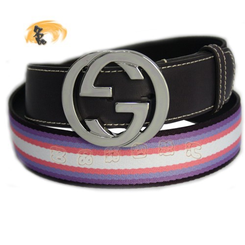 114876 Gucci時尚男士皮帶 Gucci皮帶 古奇帆布男款皮帶 Gucci腰帶 紫色織帶配啡色