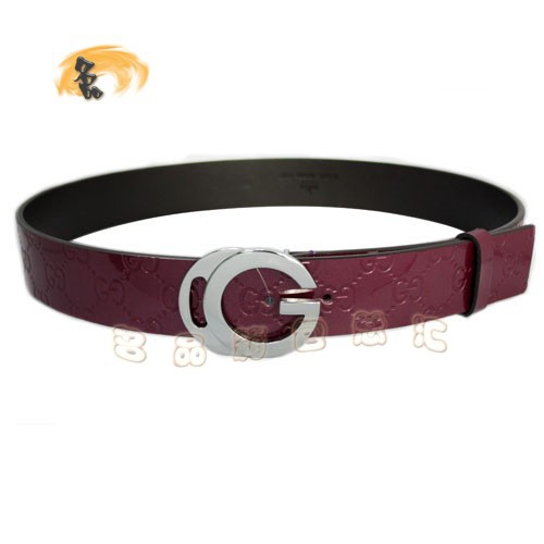 201790 Gucci皮帶 Gucci時尚牛皮雙G壓花女士皮帶 古奇皮帶 漆皮腰帶 紫紅色銀扣