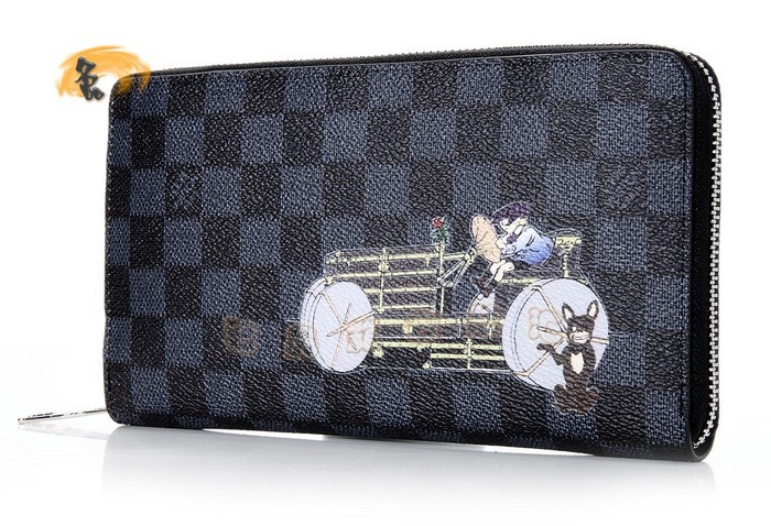 N63002 LV最新款 卡通畫版錢包 LV錢包 黑色棋盤格錢夾 LV Zippy系列長款錢包