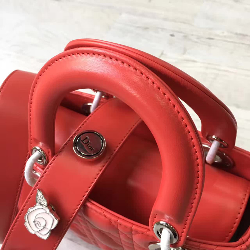 Dior LADY DIOR黑色小羊皮手提包 2017新款徽章戴妃包 紅色