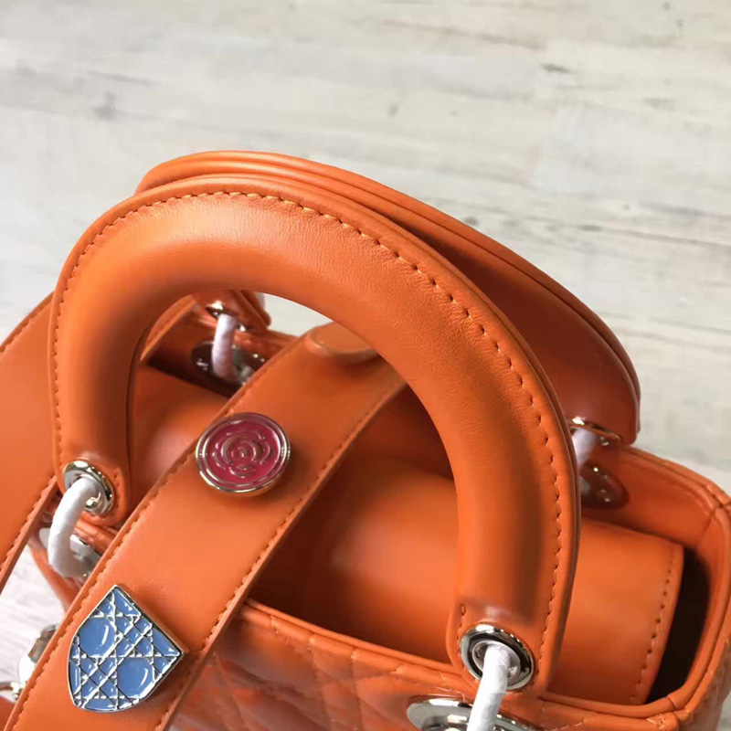 Dior LADY DIOR小羊皮手提包 2017新款迪奧徽章戴妃包 橙色