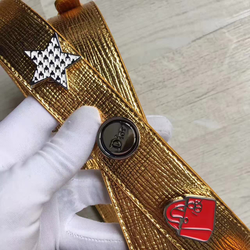 Dior LADY DIOR小羊皮手提包 2017新款迪奧徽章戴妃包 金色