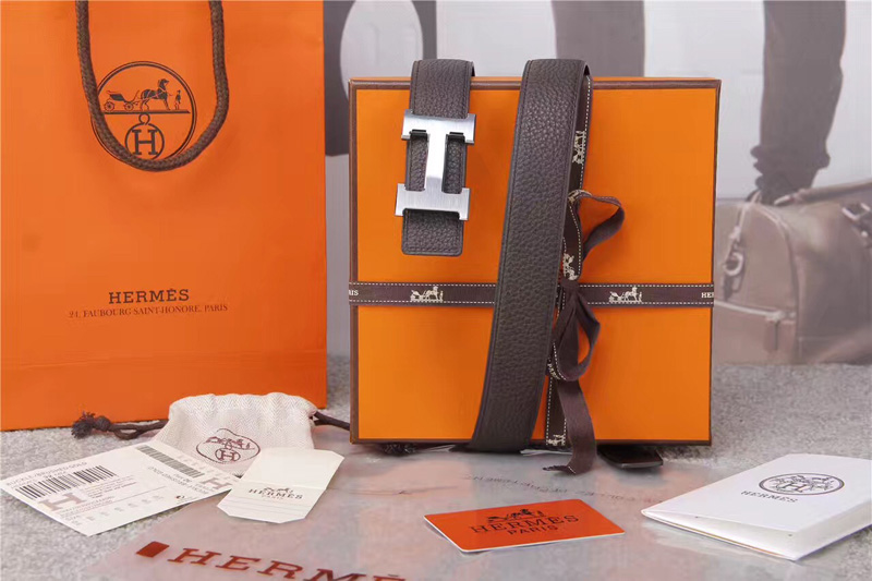 愛馬仕腰帶 Hermès 愛馬仕原單腰帶 經典H拉絲扣頭 海外進口荔枝紋帶條 灰色