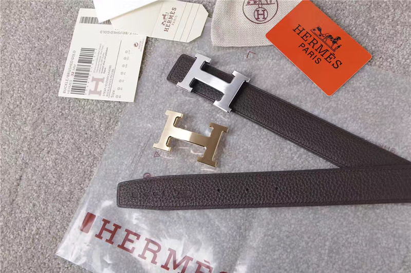 愛馬仕腰帶 Hermès 愛馬仕原單腰帶 經典H拉絲扣頭 海外進口荔枝紋帶條 灰色