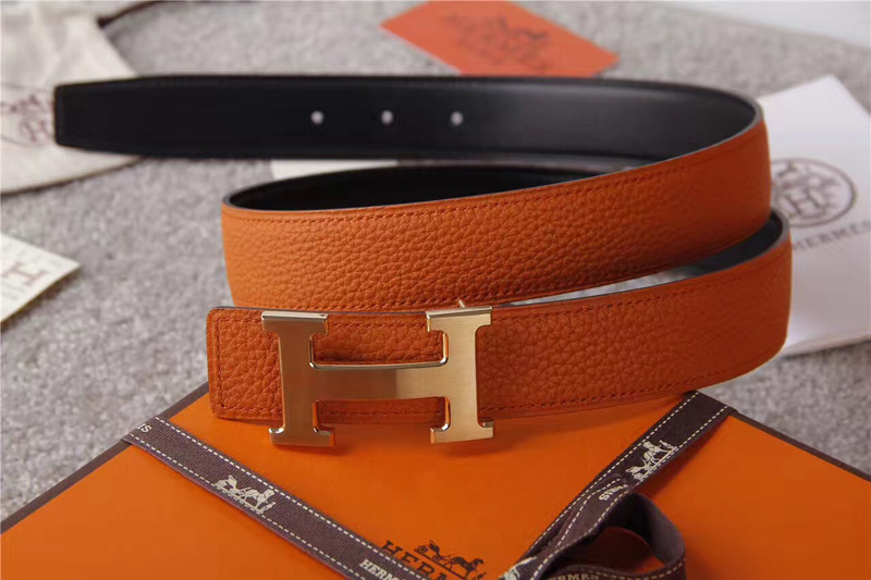愛馬仕腰帶 Hermès 愛馬仕原單腰帶 經(jīng)典H拉絲扣頭 海外進口荔枝紋帶條 橙色