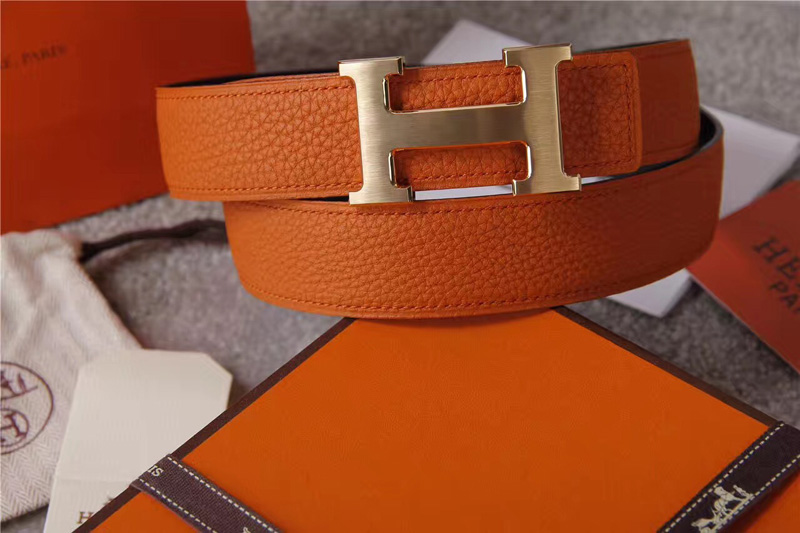 愛馬仕腰帶 Hermès 愛馬仕原單腰帶 經(jīng)典H拉絲扣頭 海外進口荔枝紋帶條 橙色