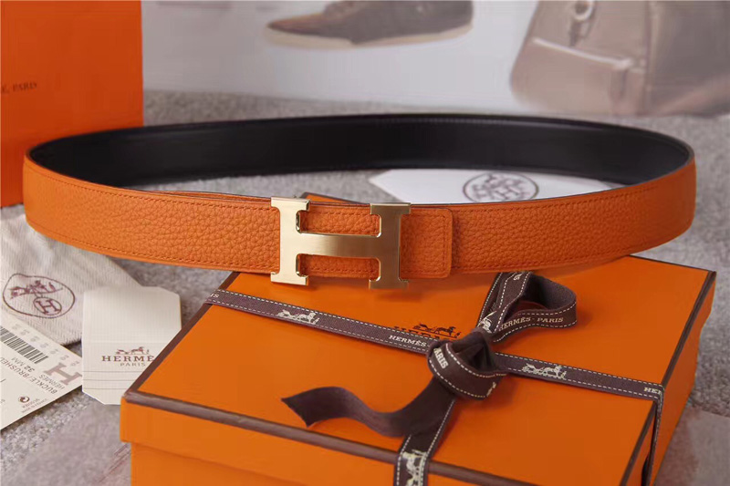 愛馬仕腰帶 Hermès 愛馬仕原單腰帶 經(jīng)典H拉絲扣頭 海外進口荔枝紋帶條 橙色