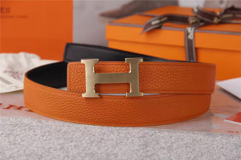 愛馬仕腰帶 Hermès 愛馬仕原單腰帶 經(jīng)典H拉絲扣頭 海外進口荔枝紋帶條 橙色