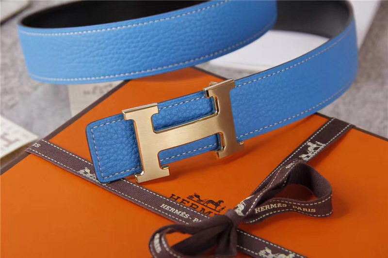 愛馬仕腰帶 Hermès 愛馬仕原單腰帶 經典H拉絲扣頭 海外進口荔枝紋帶條 藍色