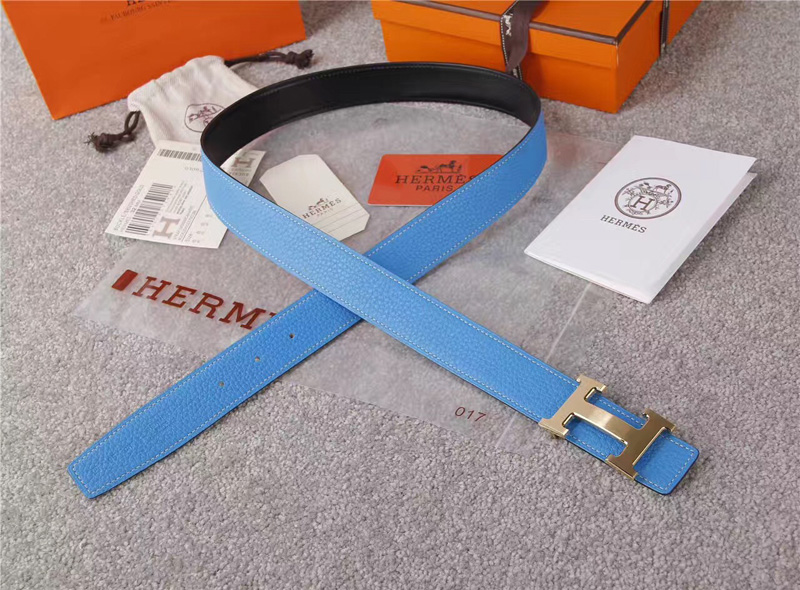 愛馬仕腰帶 Hermès 愛馬仕原單腰帶 經典H拉絲扣頭 海外進口荔枝紋帶條 藍色