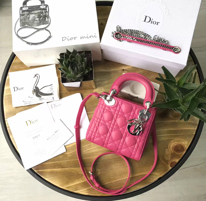 Dior迪奧 Lady Dior 經典迪奧戴妃包 三格 玫紅色羊皮 Dior鏈條包 銀扣