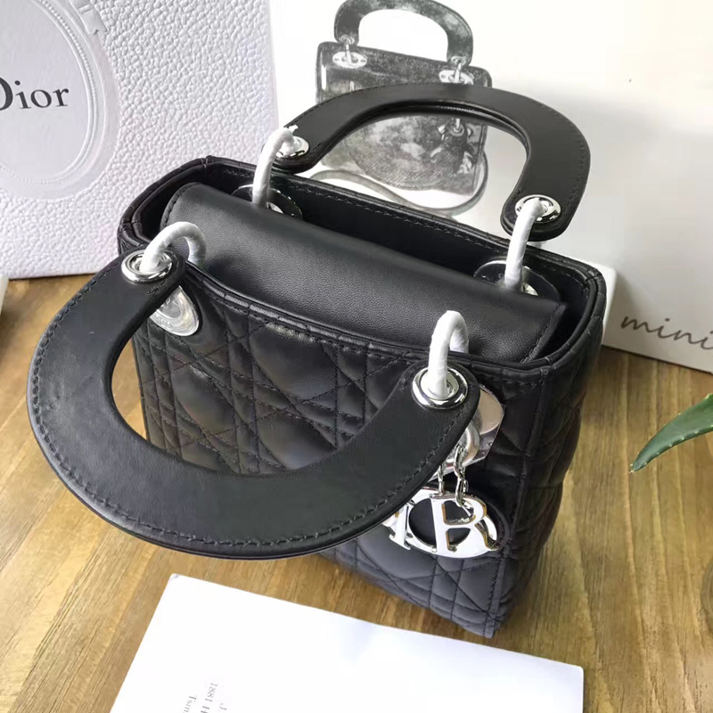 Dior迪奧 Lady Dior 經典迪奧戴妃包 Mini三格 黑色羊皮 Dior鏈條包 銀扣