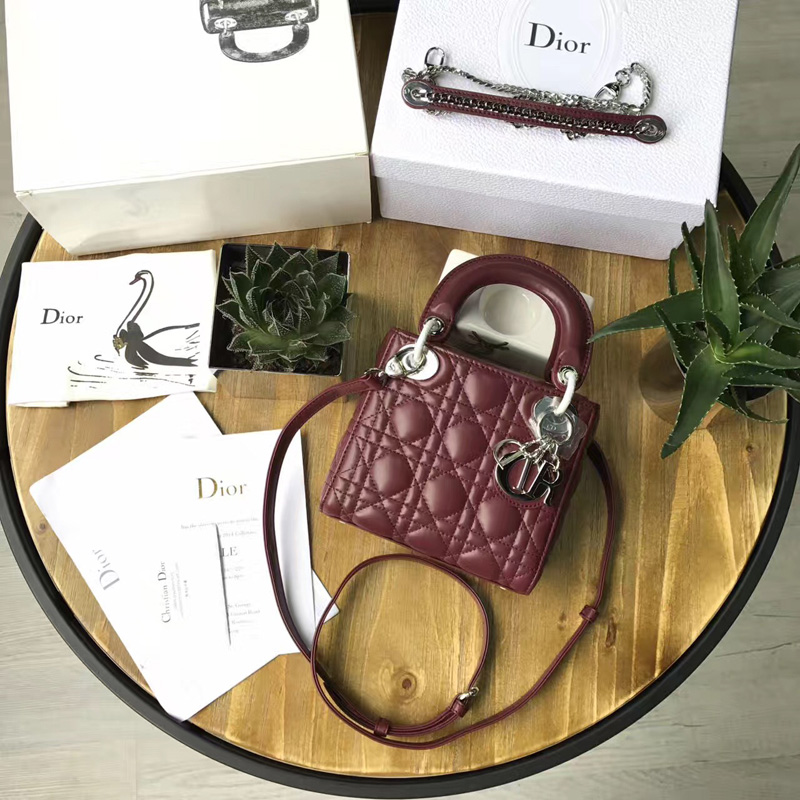 Dior迪奧 Lady Dior 經典迪奧戴妃包 Mini三格 酒紅羊皮 Dior鏈條包 銀扣
