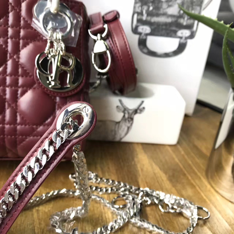 Dior迪奧 Lady Dior 經典迪奧戴妃包 Mini三格 酒紅羊皮 Dior鏈條包 銀扣