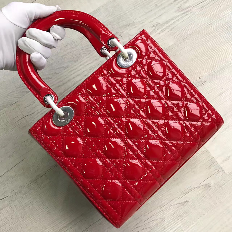 Dior迪奧 Lady Dior 經典戴妃包 五格小號 紅色漆皮 銀色五金
