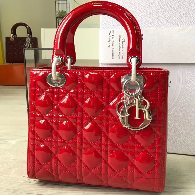Dior迪奧 Lady Dior 經典戴妃包 五格小號 紅色漆皮 銀色五金