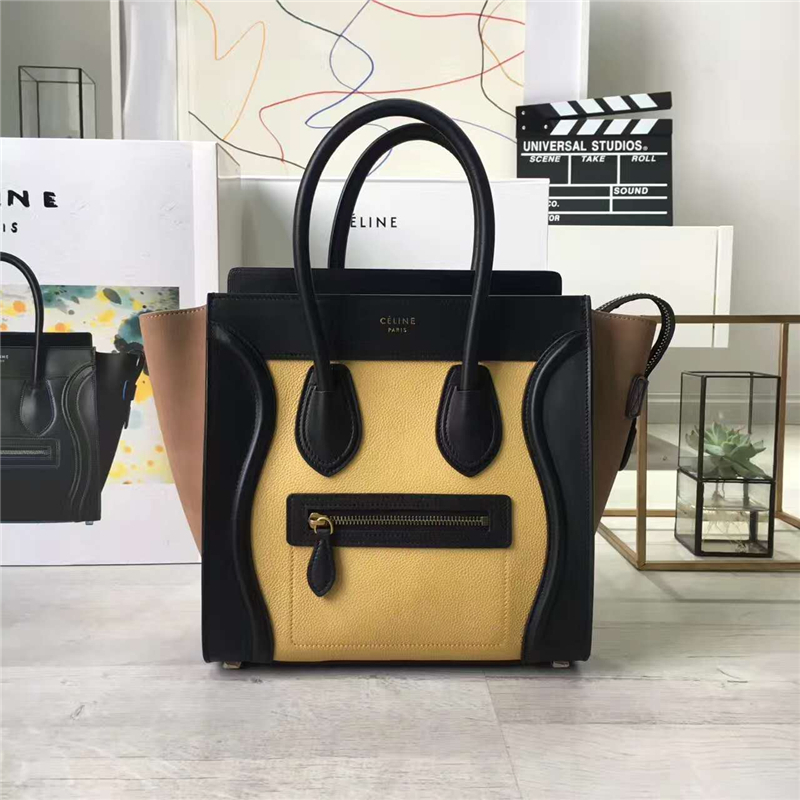 2017賽琳 celine笑臉包囧臉包 頭層牛皮 三色拼接 翅膀手提包 杏黃/黑/磨砂淺啡