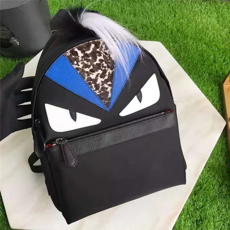 Fendi雙肩包 芬迪新款一撮毛小怪獸白眼睛拼皮 芬迪雙肩包 藍額頭