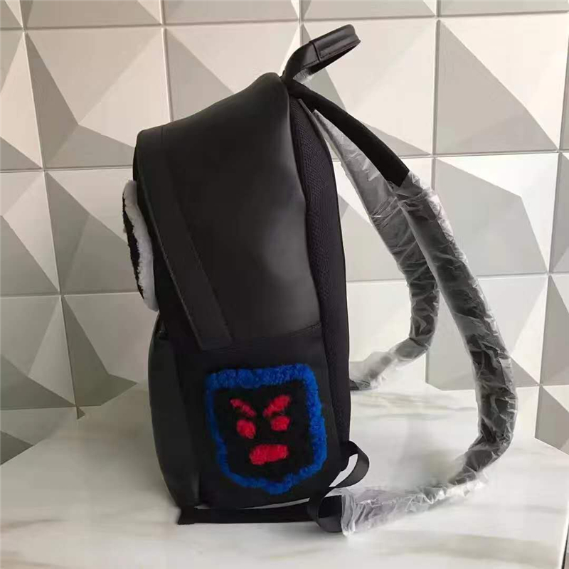 Fendi芬迪新款雙肩包 尼龍布配牛皮雙肩包 羊毛笑臉 芬迪雙肩包 黑色