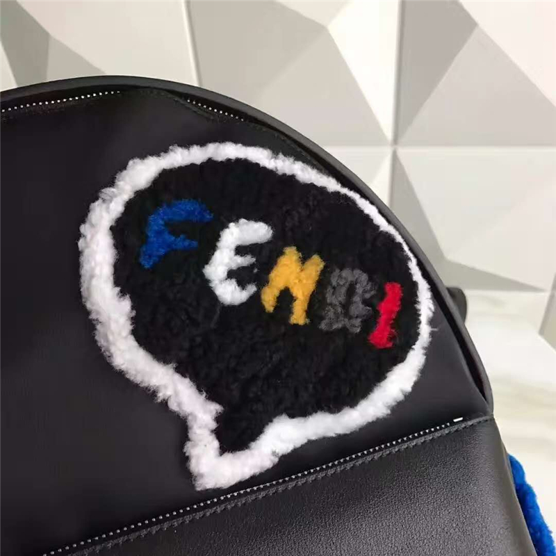 Fendi芬迪新款雙肩包 尼龍布配牛皮雙肩包 羊毛笑臉 芬迪雙肩包 黑色