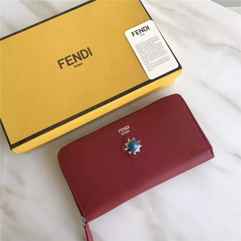 FENDI 芬迪 小牛皮CRAYONS 2017新款 裝飾雙色皮革花朵長款錢包 酒紅色