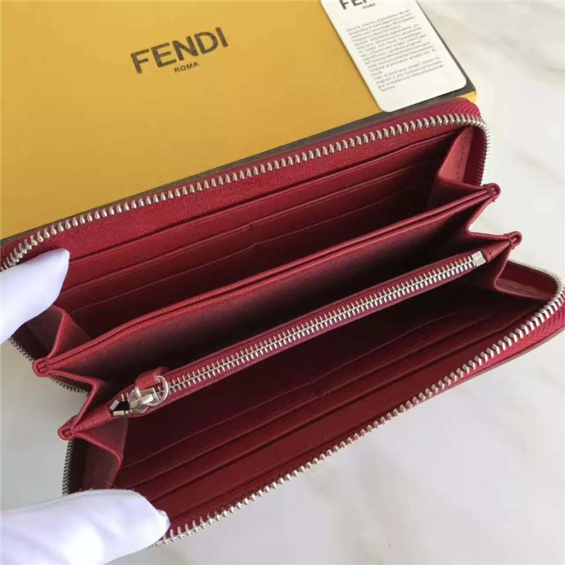 FENDI 芬迪 小牛皮CRAYONS 2017新款 裝飾雙色皮革花朵長款錢包 酒紅色
