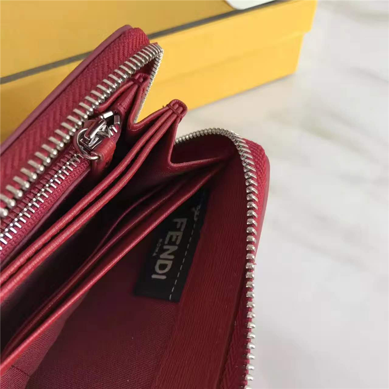 FENDI 芬迪 小牛皮CRAYONS 2017新款 裝飾雙色皮革花朵長款錢包 酒紅色
