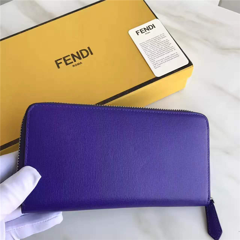 FENDI 芬迪 小牛皮CRAYONS 2017新款 裝飾雙色皮革花朵長款錢包 紫藍色