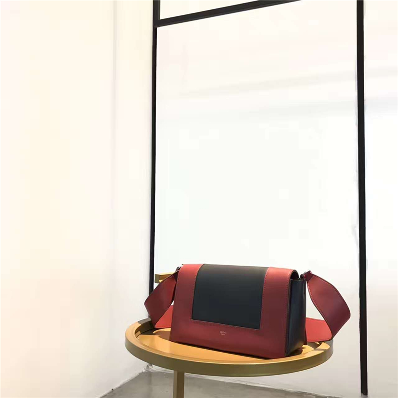 Celine 賽琳 Frame 金扣 時(shí)尚拼色小牛皮 斜跨單肩包 杜鵑紅/寶藍(lán)