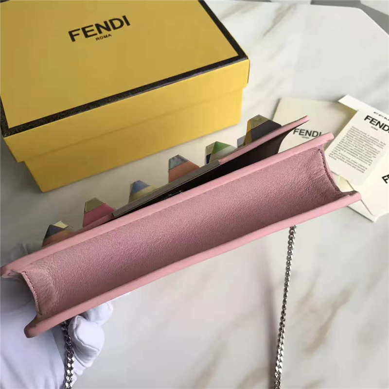 FENDI 芬迪 小牛皮彩色鉚釘包 鏈條包 櫻花粉