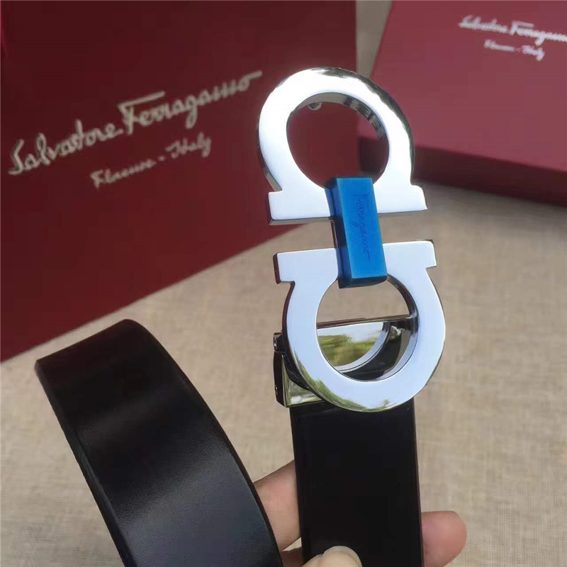 Salvatore Ferragamo 菲拉格慕 雙面原版皮 正裝腰帶 商務休閑款 黑帶藍LOGO