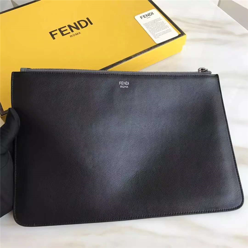 FENDI 芬迪 2017春夏新款 灰色光滑皮革小怪獸 精美小牛皮纖薄手拿包 石墨黑拼灰色