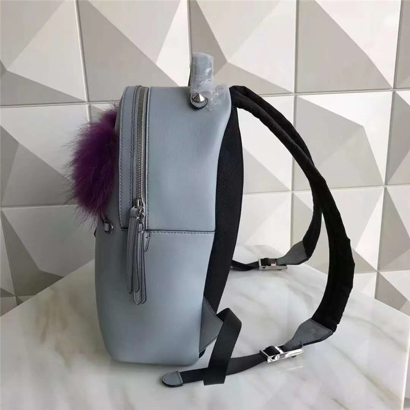 FENDI 芬迪 走秀新款 小怪獸紫毛毛大眼睛鉚釘 雙肩包 灰色