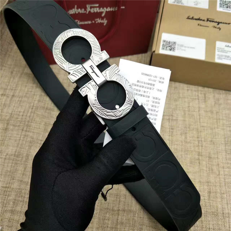 Salvatore Ferragamo 菲拉格慕 Ferragmo正品同款 高端定制 進口雙面 時尚休閑皮帶 銀色雕花扣