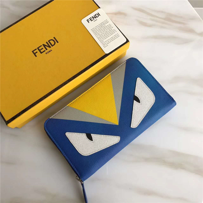 FENDI 芬迪 絲印拼色精美小牛皮拉鏈長款皮夾 黃額白眼藍(lán)皮