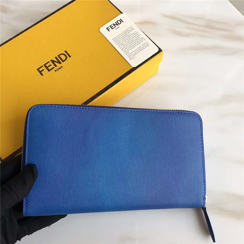 FENDI 芬迪 絲印拼色精美小牛皮拉鏈長款皮夾 黃額白眼藍(lán)皮