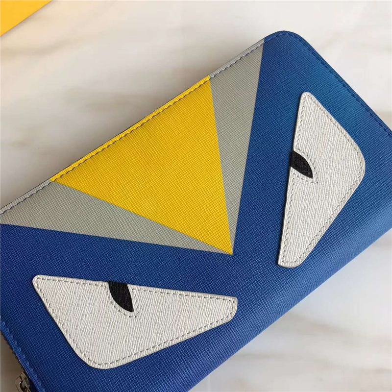 FENDI 芬迪 絲印拼色精美小牛皮拉鏈長款皮夾 黃額白眼藍(lán)皮