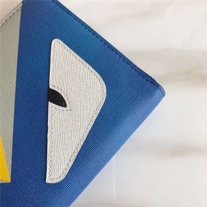 FENDI 芬迪 絲印拼色精美小牛皮拉鏈長款皮夾 黃額白眼藍(lán)皮