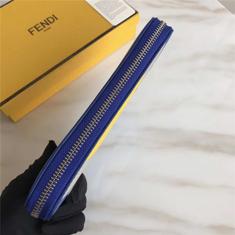 FENDI 芬迪 絲印拼色精美小牛皮拉鏈長款皮夾 黃額白眼藍(lán)皮