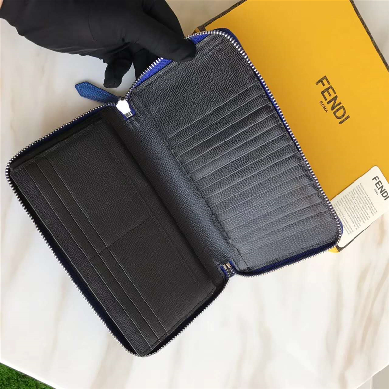 FENDI 芬迪 絲印拼色精美小牛皮拉鏈長款皮夾 黃額白眼藍(lán)皮