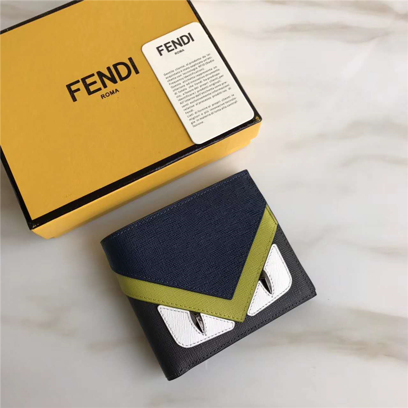 FENDI 芬迪 絲印拼色精美小牛皮短款橫式皮夾 藍額白眼黑皮
