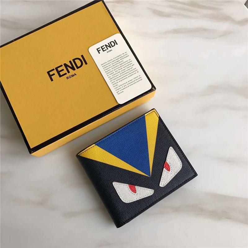 FENDI 芬迪 羅馬SELLERIA 絲印拼色小牛皮短款橫式皮夾 黑色