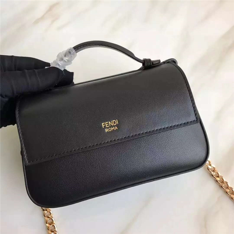 FENDI 1765 17新款小牛皮彩色鉚釘包 雙MICRO BAGUETTE 兩面開合 雙F扣鏈條包 黑色黑金鉚釘
