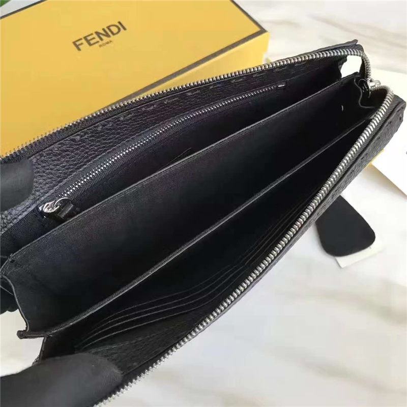 FENDI 芬迪 350D 精選小牛皮荔枝紋小惡魔黃色眼睛手拿包手抓包 黑色