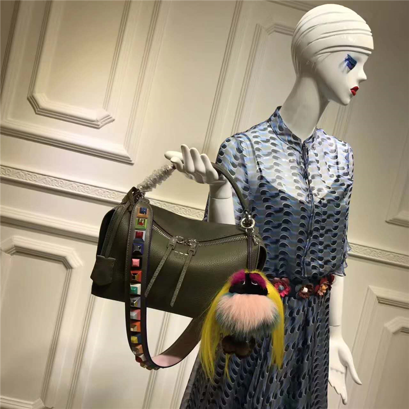 FENDI 芬迪 8762 2017新款 牛皮女士單肩手提包 羅馬波士頓包 軍綠色