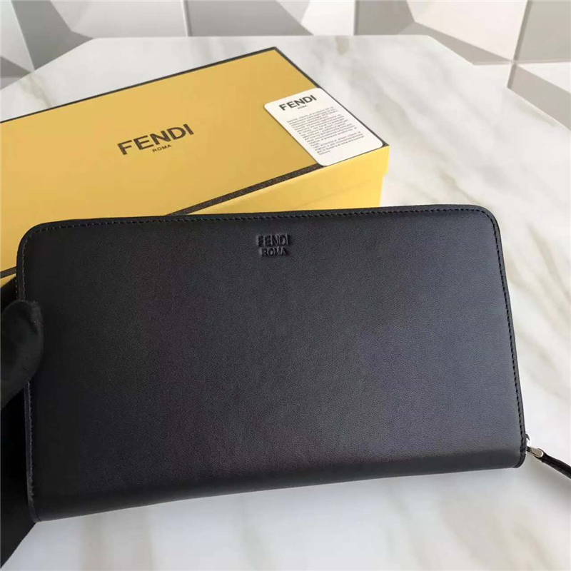 Fendi 芬迪 0233SL9 2017新款 face 黑色皮質配金屬裝飾ELITE皮夾 長款拉鏈錢夾 黑色