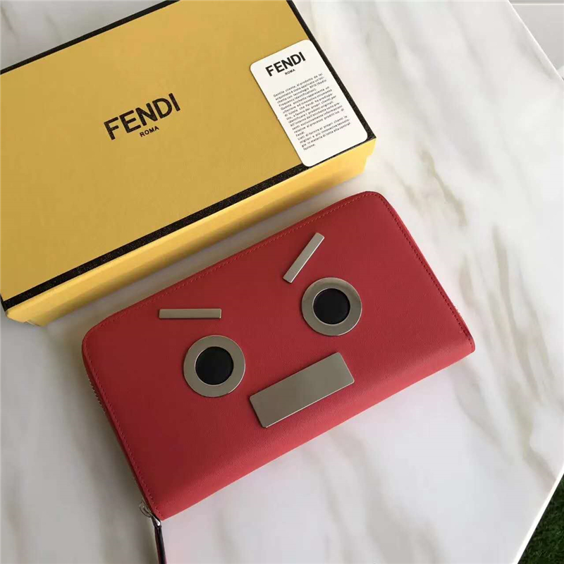 Fendi 芬迪 0233SL9 2017新款 face 黑色皮質配金屬裝飾ELITE皮夾 長款拉鏈錢夾 紅色
