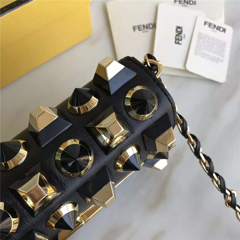 FENDI 芬迪 305B 金鉆GOLD EDITION小牛皮迷你 雙F扣鏈條包肩背包 黑色