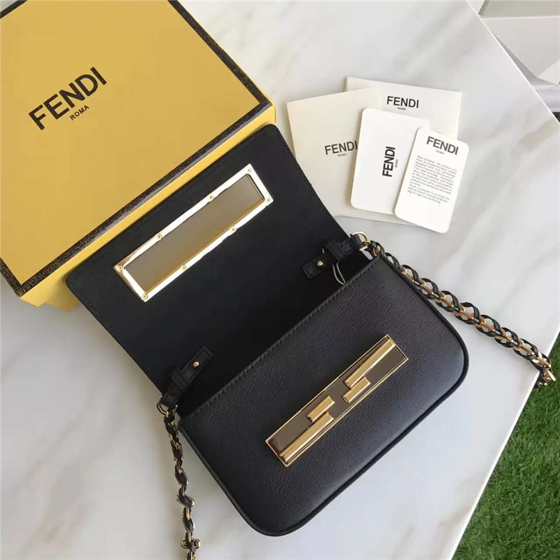 FENDI 芬迪 305B 金鉆GOLD EDITION小牛皮迷你 雙F扣鏈條包肩背包 黑色